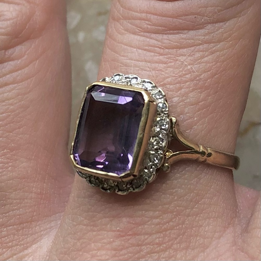 Vintage Amethyst Diamond Halo Vintage Emerald Cut Ring